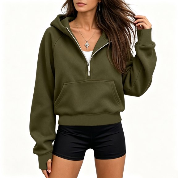 Vetsdori Women's Long Sleeve Hoodies 1/4 Zipper Winter Pullover Para Sweatshirts Pockets Hooded,Solid Color Style Tops for Women Sports,Army Green,Size:L