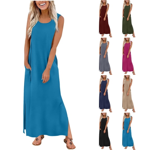Vetsdori Women's Maxi Dresses Sundress Slip Dress Holiday Summer,Sleeveless Red Plaid Tank Dress for Women Crew Neck
