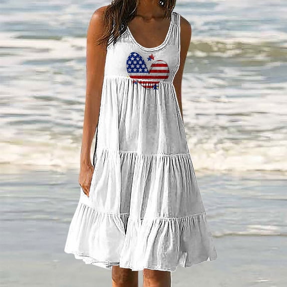 Vetsdori Women's Red White and Blue Mini Dress Summer Slip Dress American Flag Backless Fourth of July Knee Length,Tank Patriotic Dresses for Women Crew Neck