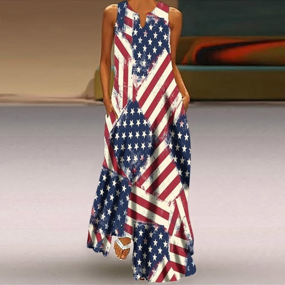 Vetsdori Women's Red White and Blue Maxi Dress Fourth of July Summer Slip Dress Backless,Graphic Casual Ankle Length V-Neck Dress for Women Tank