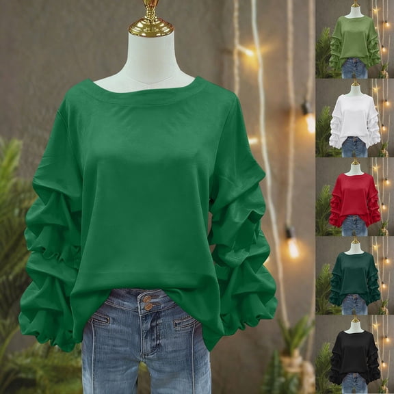 Vetsdori Women's Ruffle Sweatshirts Crew Neck Winter Pullover Solid Color Tops Loose Long Sleeve,Para Mujer Soft Sweatshirts for Women