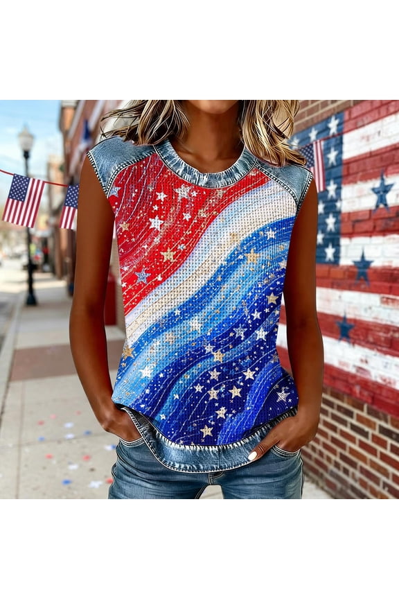Women's Sleeveless Clothes Summer Work Tshirts 4th of July Red White and Blue Independence Day Casual Undershirts Camisole Tops for Junior Fashion