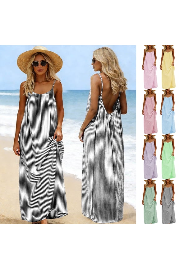 Women's Sleeveless Maxi Dresses Backless Sundress Slip Dress Summer,Striped Beach Black Cotton Linen Tank Dress for Women Mujer