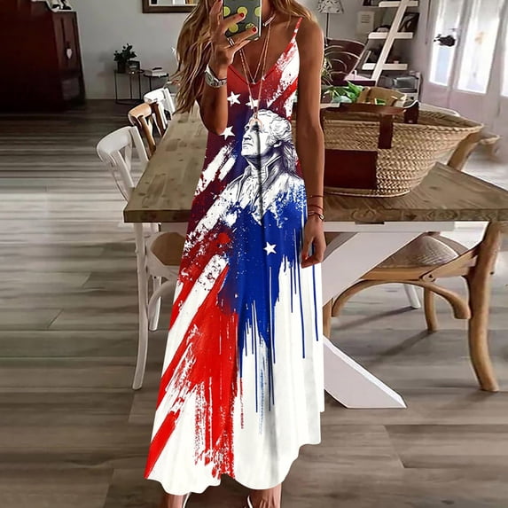 Vetsdori Women's Summer Maxi Dress Fourth of July Red White and Blue Slip Dress Star Print Backless Party V-Neck,Tank Mujer Dress for Women Ankle Length