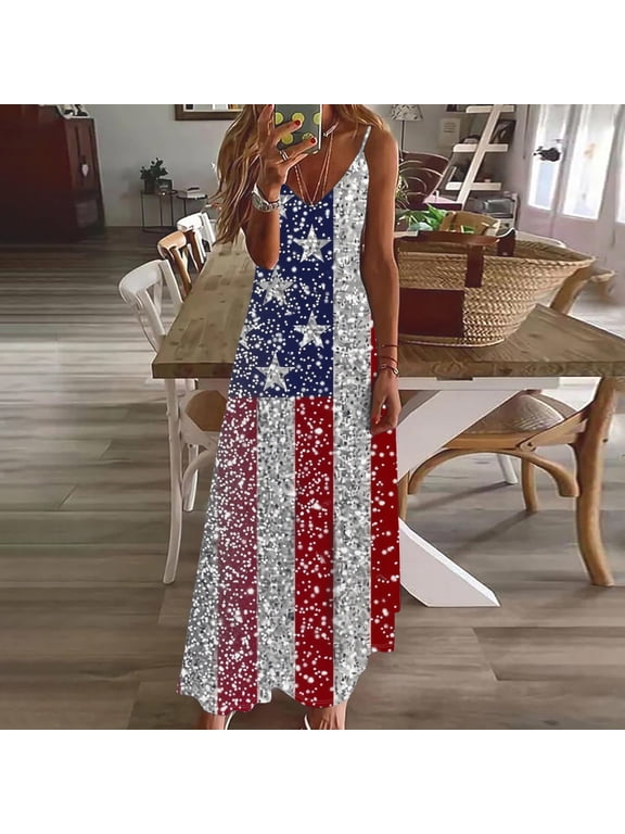 Women's Summer Maxi Dress Red White and Blue Fourth of July Slip Dress American Flag,Tank Backless Ankle Length V-Neck Dress for Women Party