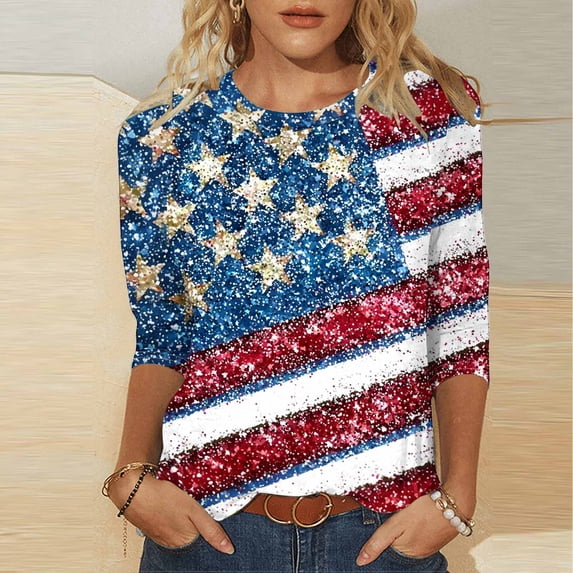 Vetsdori Women's Summer T Shirts Red White and Blue Graphic Pullover Independence Day 3/4 Sleeve Plus Size,Casual Fashion Crew Neck Tops for Junior American Flag