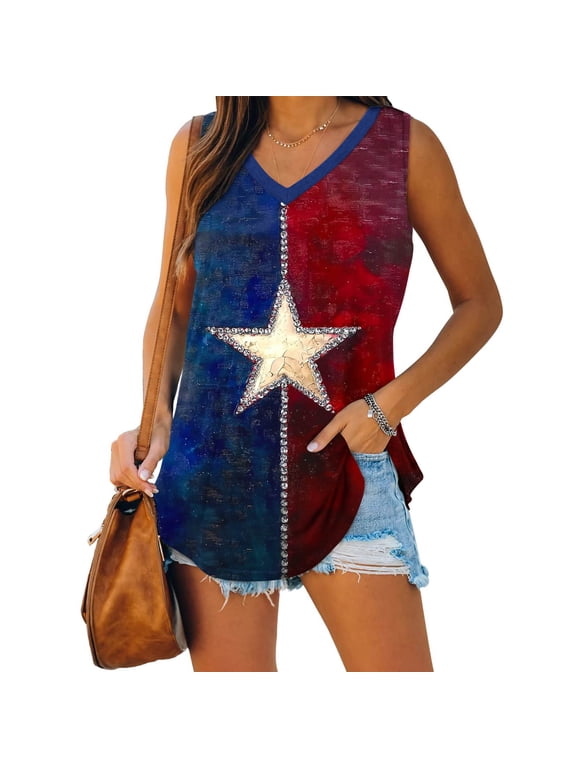 Women's Summer Tank Tops Sleeveless Work Tshirts Red White and Blue Camisole Patriotic Casual Undershirts 4th of July Tops for Junior Independence Day