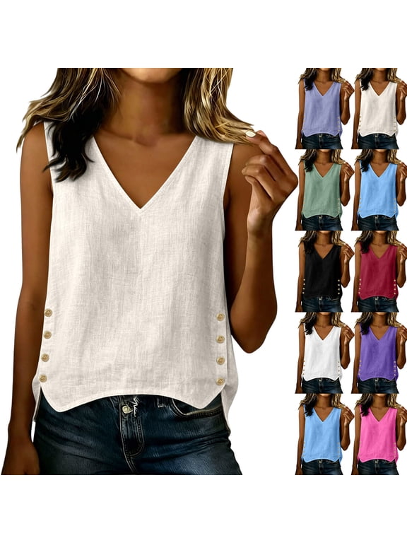 Women's Sleeveless Tshirts Button Pullover Cotton Linen Tank Tops Casual,Outdoor Summer Undershirts for Women V-Neck