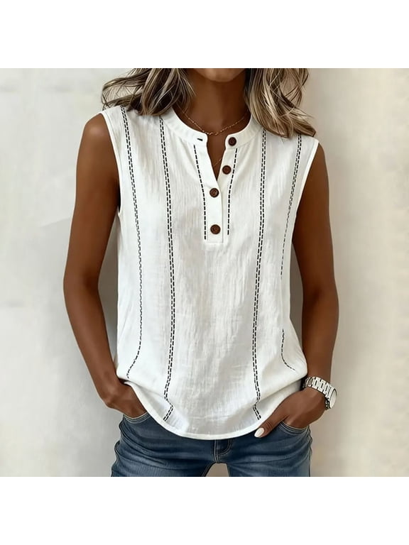 Women's Sleeveless Tshirts Nylon White Pullover Button up Summer Loose Tank Tops,Work V-Neck Tops for Women Outdoor