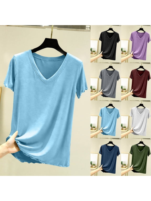 Women's Work Fashion Casual Summer Plain Solid Color V-neck Pullover Short Sleeve Top Loungewear Pajama Top