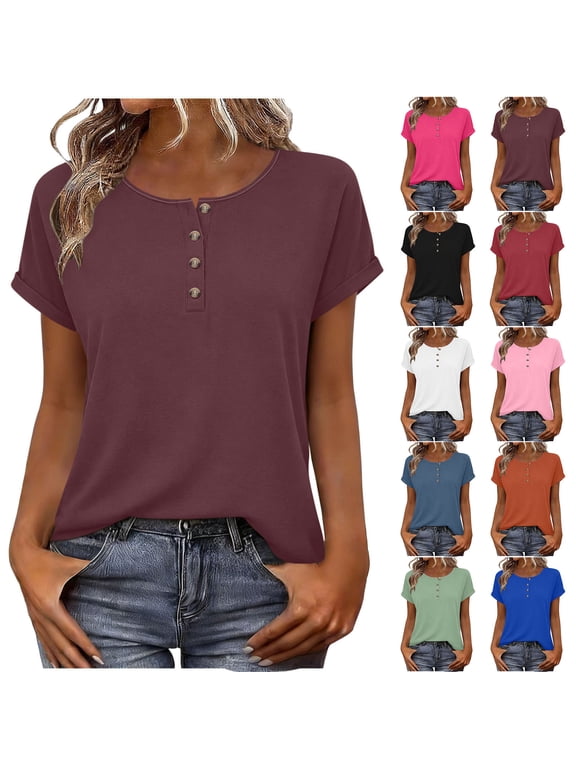 Women's Work Fashion Spring/Summer Plain Clothing Solid Color Base T-shirt Button Short Sleeve V-neck Top/Shirt