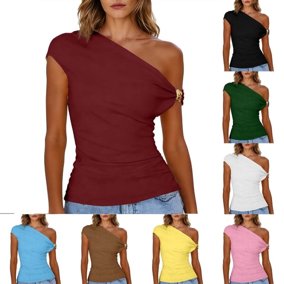 Vetsdori Women's Work Summer Plain Fashion Off Shoulder Asymmetrical Metal Buckle Short Sleeved Solid Color Top Casual T-shirt