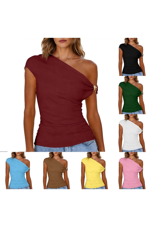 Women's Work Summer Plain Fashion Off Shoulder Asymmetrical Metal Buckle Short Sleeved Solid Color Top Casual T-shirt