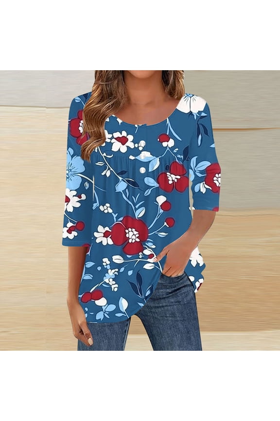 Goodtrade8 Womens Button up Tops 3/4 Sleeve Pleated Pullover Tunic Trendy , Crewneck Lightweight T-shirts for Junior Summer