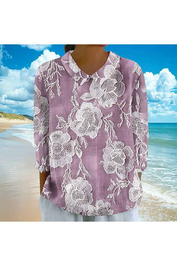 Womens 3/4 Sleeve Tops Collared Pullover Dressy Graphic,Holiday Summer Crew Neck T-Shirts for Junior