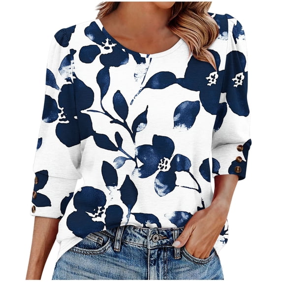 Goodtrade8 Plus Size Tops for Women Button up 3/4 Sleeve Pullover Tunic Graphic , Trendy Summer Crew Neck Womans Blouses Fashion