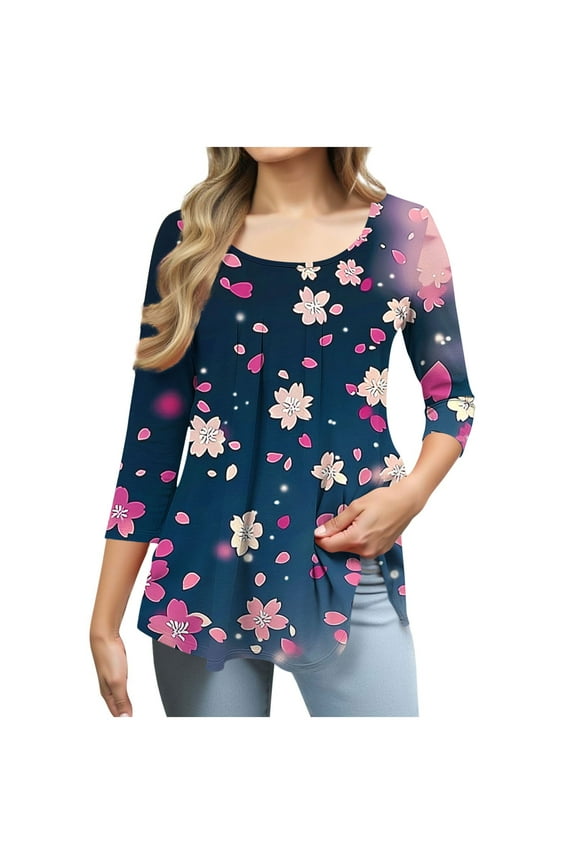Womens 3/4 Sleeve Tops Pullover Pleated Summer Crew Neck Graphic,Lightweight Casual T-shirts for Junior Tunic