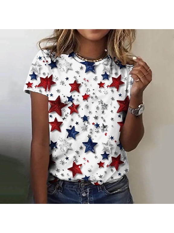 Womens 4th of July T Shirts Summer Casual Pullover American Flag Red White and Blue Red White and Blue Short Sleeve Plus Size , Graphic Independence Day Tops for Junior Crew Neck
