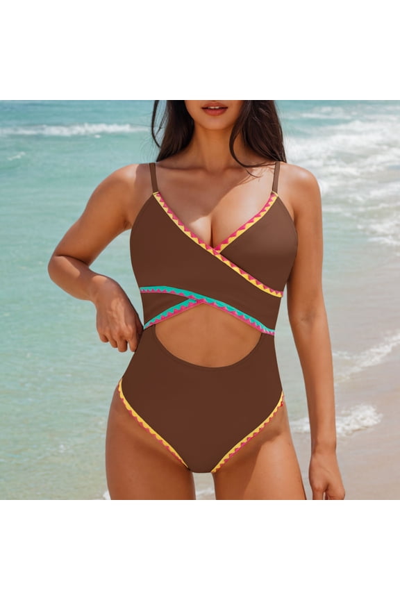 Womens Bikini Bath Suits One Piece Padded Wireless Swimwear Briefs , Tummy Control High Waist Vacation Patchwork Color Swim Suits for Ladies Cutouts