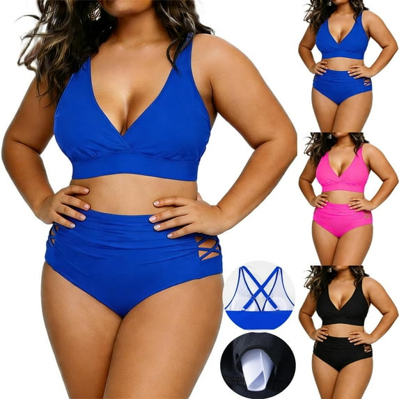Vetsdori Womens Bikini Swimsuits High Waist Bathing Suits Tummy Control 2 Piece,Casual Summer Solid Color Plus Size Swimwear for Ladies Camisoles and Bottoms