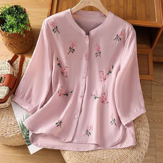 Vetsdori Womens Button up Blouses Trendy Plus Size Pullover 3/4 Sleeve Summer,Dressy Round Neck Tops for Woman Lightweight