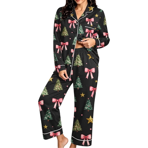 Vetsdori Womens Christmas Pajamas Sets Button up Pockets Sleepwear 2 Pieces PJS Long Sleeve with Pants Collared,Gifts Pj Sets Homewear for Ladies Winter