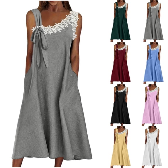 Vetsdori Womens Cotton Linen Midi Dresses Sleeveless Summer Party Sundress Floral Casual Lace,Trendy Dress for Junior