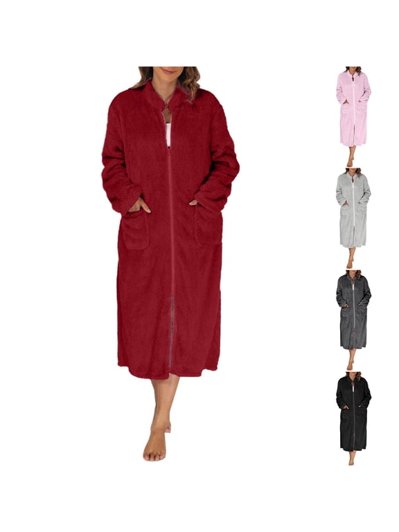 Womens Dusters Robes Long Length Flannel Night Gowns Zipper Loungewear Warm Long Sleeve Bath Robes for Womens Casual
