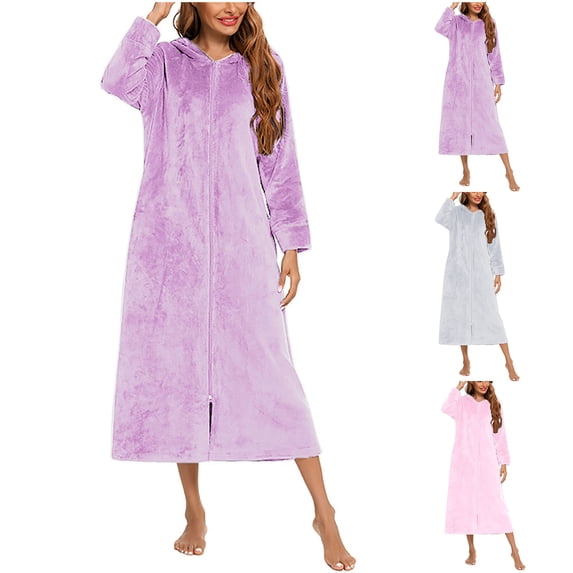 Vetsdori Womens Flannel Robes Long Length Night Gowns Hooded Zip Front Loungewear Homewear Long Sleeve Bathrobe for Ladies House