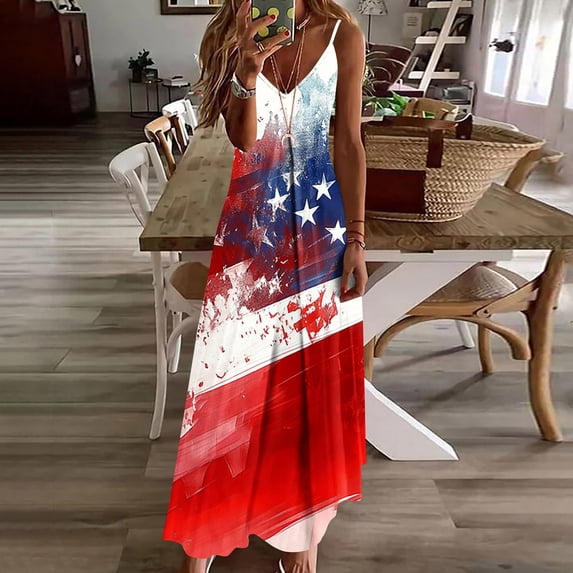 Vetsdori Womens Fourth of July Maxi Dress Summer Red White and Blue Slip Dress Backless,Ankle Length V-Neck Patriotic Tank Dress for Women Mujer
