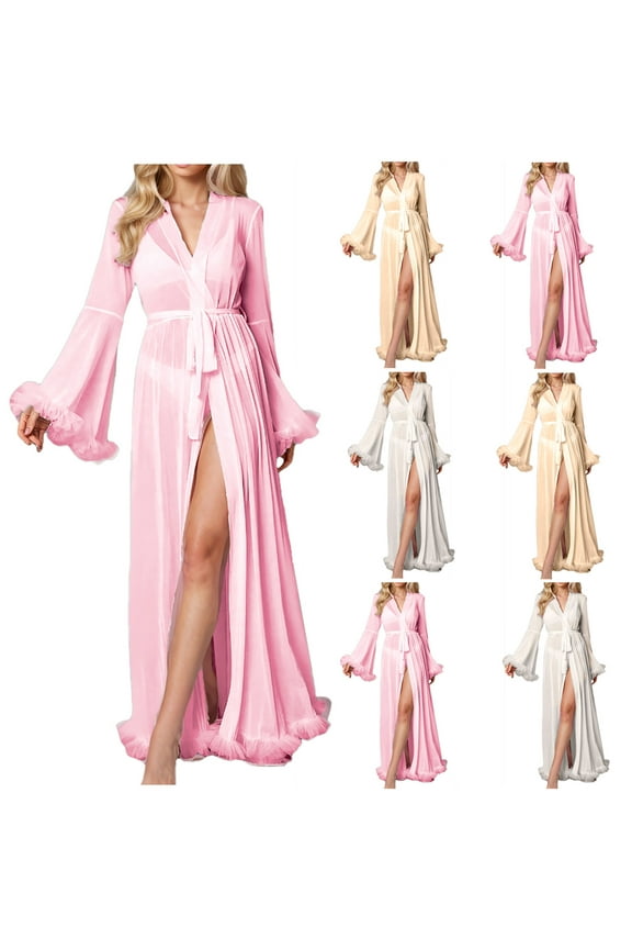 Womens Full Length Robes Plush Lightweight Nightgowns Dusters Strap Cozy Loungewear Bathrobe for Ladies Long Sleeve