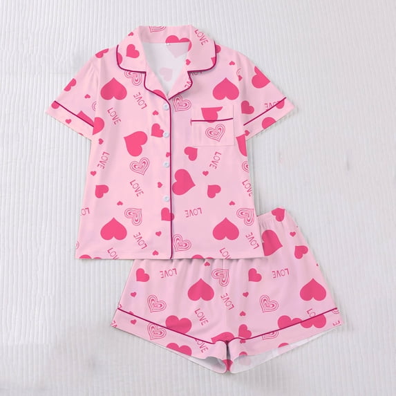 Vetsdori Womens Heart Print Pajamas Sets 2 Pieces Shorts & Top Homewear Casual Button up,Short Sleeve Sleepwear Loungewear Summer Holiday PJ Sets for Women