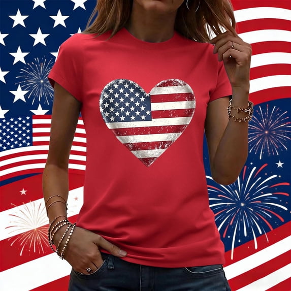 Vetsdori Womens July 4th Shirts Short Sleeve Red White and Blue Pullover Summer American Flag,USA Years Anniversary Graphic Casual Independence Day Shirts for Women Crew Neck