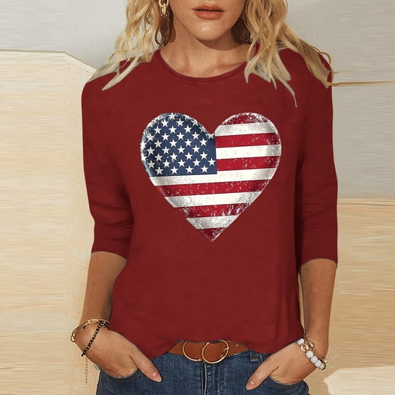 Vetsdori Womens July 4th T Shirts 3/4 Sleeve Plus Size Summer Pullover Casual Red White and Blue,American Flag Crew Neck Independence Day Tops for Junior Fashion