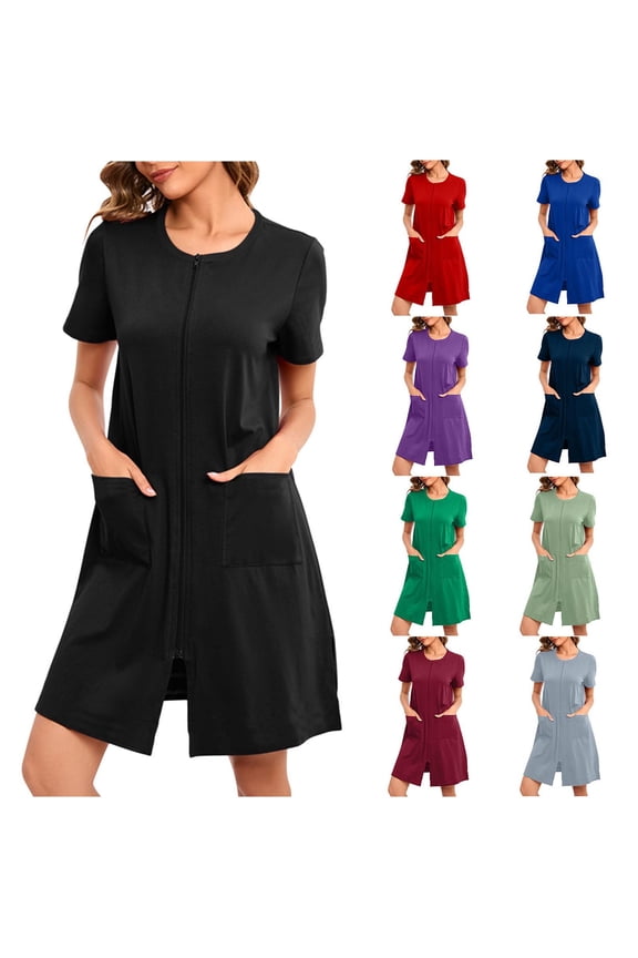 Womens Lightweight Robes Short Length Zip up, Nightgowns with Pockets Homewear Short Sleeve Loungewear Bathrobe for Ladies
