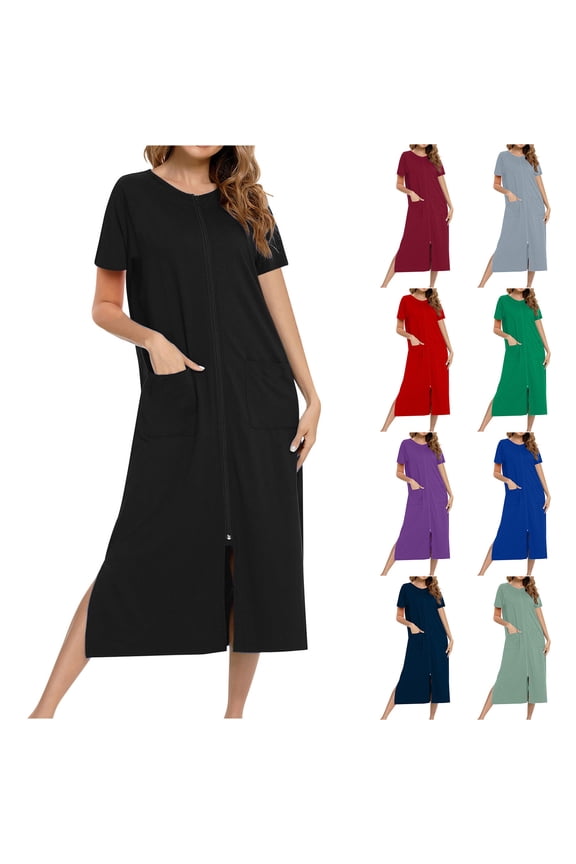 Womens Long Length Robes Zip Front Night Gowns Dusters Loungewear House Lightweight Summer Bathrobe for Ladies Short Sleeve