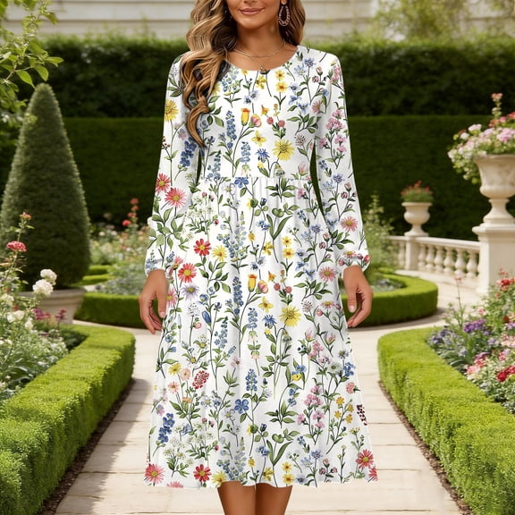 Vetsdori Womens Long Sleeve Maxi Dresses Muumuu Party Dresses Sundress Crew Neck,Holiday Long Dress for Ladies Solid Color
