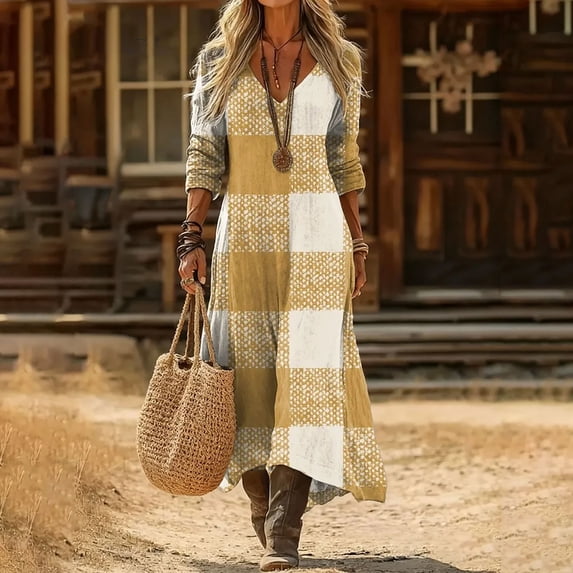 Vetsdori Womens Long Sleeve Maxi Dresses Sundress Dresses Party Muumuu,V-Neck Outfits Loose Long Dress for Junior Mujer