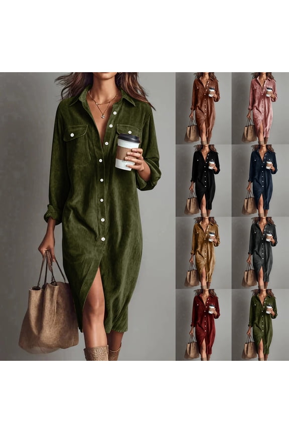 Womens Long Sleeve Midi Dresses Pockets High Neck Dresses Party Corduroy Shirt Dress Dress for Junior Outfits
