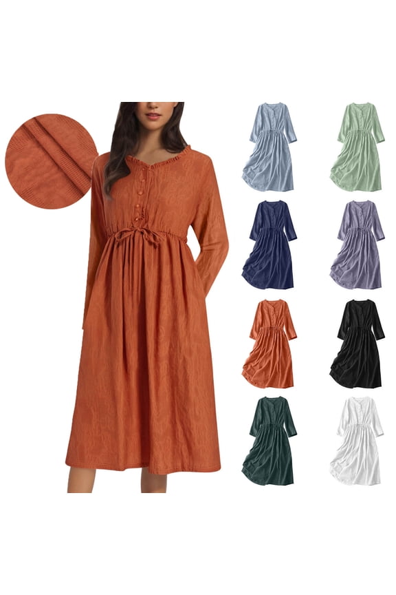 Womens Long Sleeve Midi Dresses Pockets Semi Formal Dresses V-Neck Party Outfits,Wrap Solid Color Dress for Junior Cotton and Linen