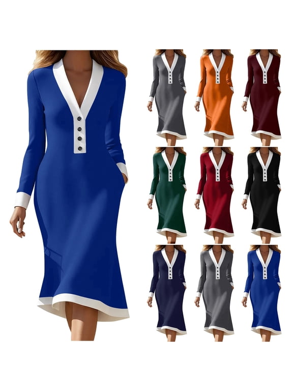 Womens Long Sleeve Midi Dresses Semi Formal Dresses Outfits V-Neck,Solid Color Bodycon Dress for Junior Party