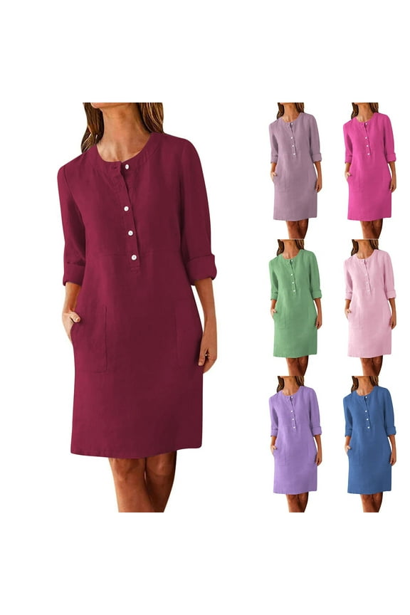 Womens Long Sleeve Mini Dresses Collared Pockets Dresses,Shirt Dress Party Summer Cotton and Linen Dress for Ladies Mujer