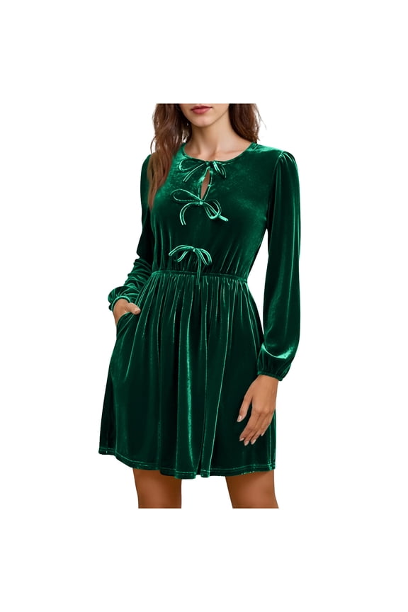 Womens Long Sleeve Mini Dresses Holiday Dress Pockets Crew Neck,Velvet Summer Lightweight Tunic Dresses for Junior Party