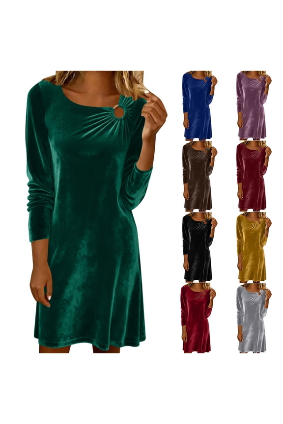 Womens Long Sleeve Mini Dresses Holiday Velvet Dresses Crew Neck Party Formal,Pleated Lightweight Dress for Junior Solid Color