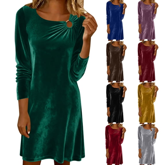 Vetsdori Womens Long Sleeve Mini Dresses Party Pleated Dress Gowns Cocktail Crew Neck,Formal Mujer Dresses for Junior Solid Color
