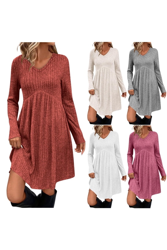Womens Long Sleeve Mini Dresses V-Neck Gowns Dresses Party Cotton and Linen,Tunic Summer Solid Color Dress for Ladies Mujer