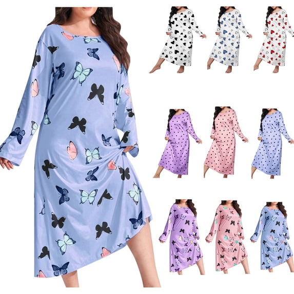 Vetsdori Womens Long Sleeve Nightgown Plus Size Sleepwear Sleep Shirts Soft Valentine's Day,Pajamas Dress MooMoo Cute Comfy Heart Print Nightgowns for Junior House