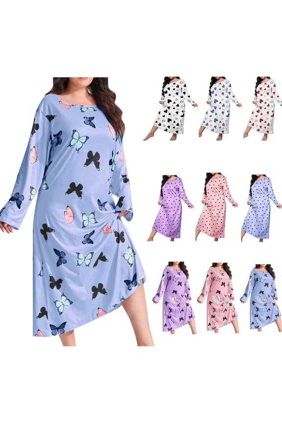 Womens Long Sleeve Nightgown Plus Size Soft Sleep Shirts Holiday Heart Print Cute Sleepwear Comfy,Valentines Pajamas Dress Nightgowns for Junior MooMoo