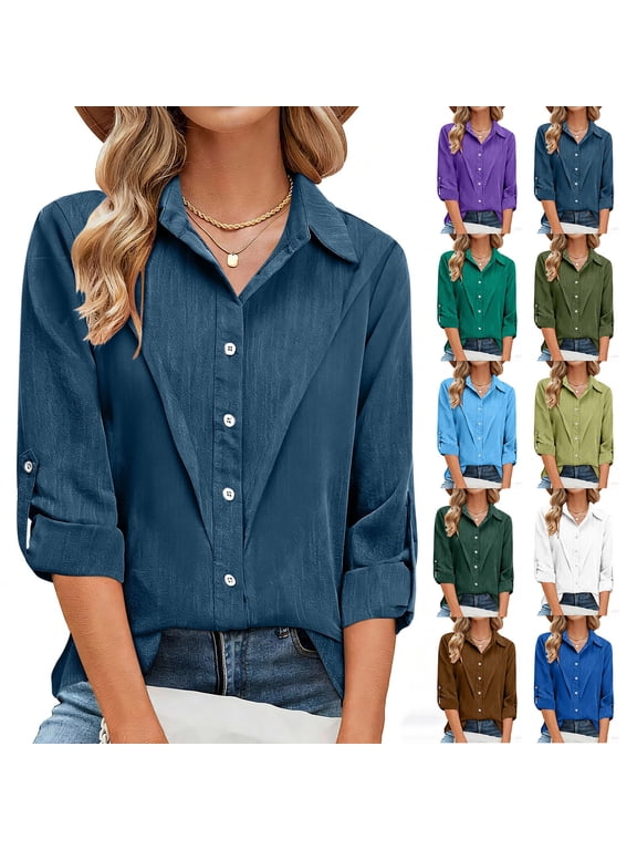 Womens Long Sleeve Shirts Lapel Business Button down Blusas Solid Color Blouses,Tunic Tops for Women Trendy