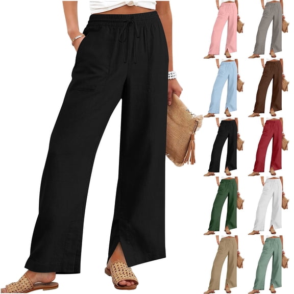 Vetsdori Womens Plus Size Pants Straight Leg Loungewear Work Casual,Drawstring Ropa De Mujer Pockets Cotton Linen Black Dress Pants for Ladies Side Slit